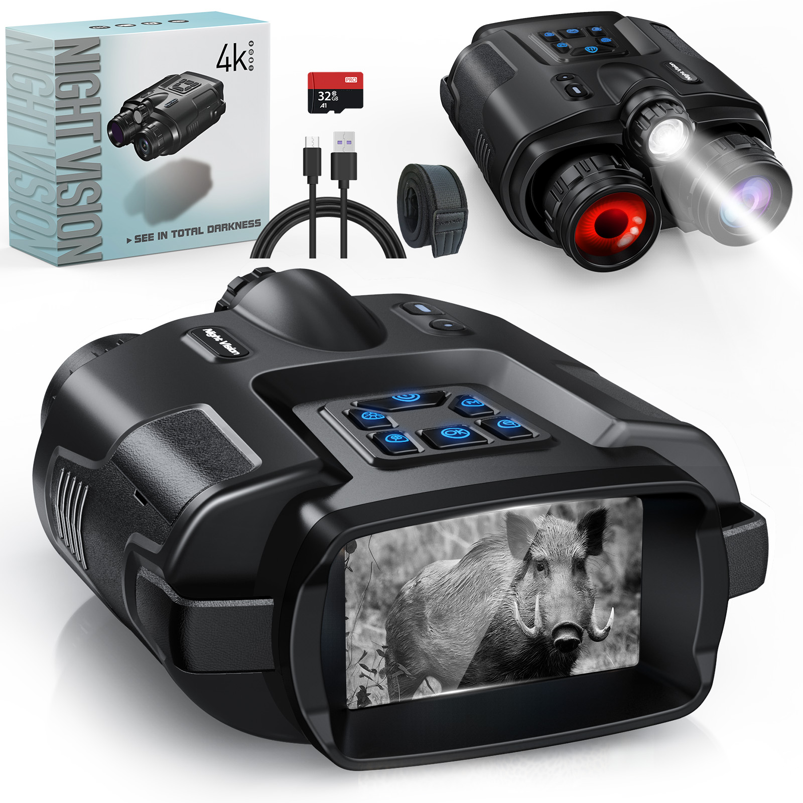 Digital Night Vision Binoculars 4K - กล้องส่องทางไกลมองกลางคืน 4K อินฟราเรด 5000mAH แบบชาร์จได้ ซูมดิจิตอล