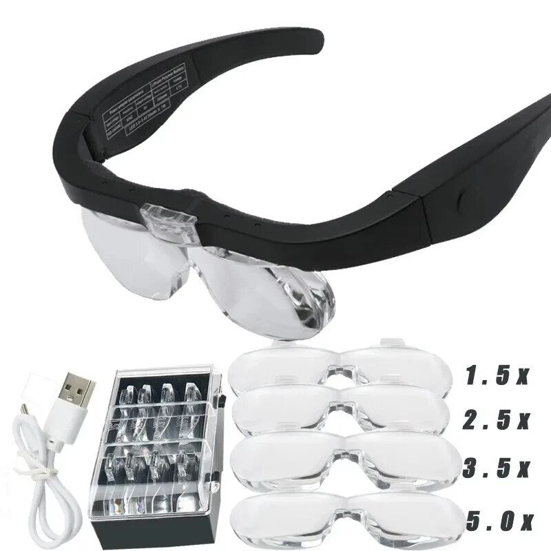 Night Vision Goggles Head Mounted - แว่นขยายแบบสวมหัวพร้อมไฟ LED 2ดวงสำหรับอ่านช่างทำนาฬิกาแบบชาร์จไฟได้ USB 1.5X 5.0X